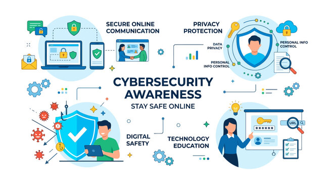 Flat illustration depicting cybersecurity awareness with icons for secure communication, privacy protection, and digital safety against a bright blue background