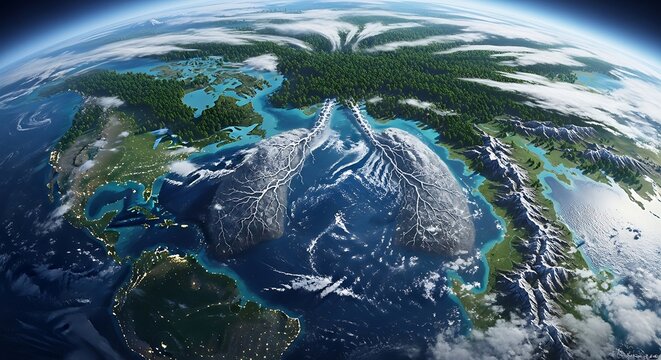 Earth's atmosphere depicted as human lungs, illustrating the concept of breathing and the planet's health. The continents and oceans are visible below.