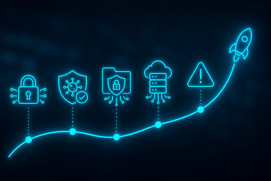 Cybersecurity protection roadmap with padlock shield secure folder cloud server warning and rocket illustrating digital risk management growth and resilience