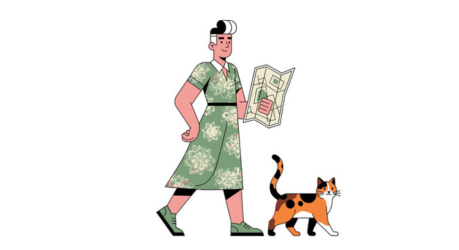Elderly woman walking with cat and map outdoors.