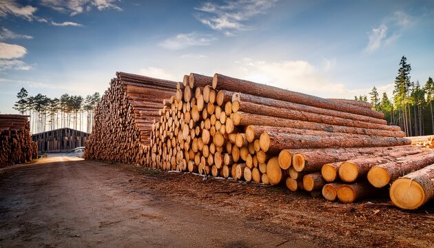 a stack of cut timber logs pine trees at a lumber mill