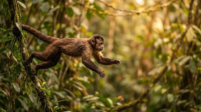 Capuchin monkey jumping in the tropical rainforest
