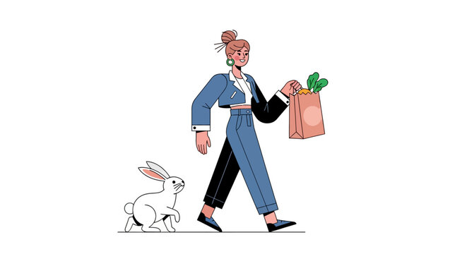 Man in blue suit carrying groceries with rabbit nearby.