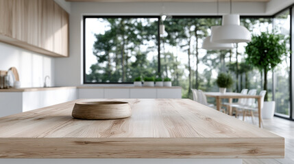 Fototapeta premium Modern bright clean kitchen wood countertop minimalist style large window natural light green view