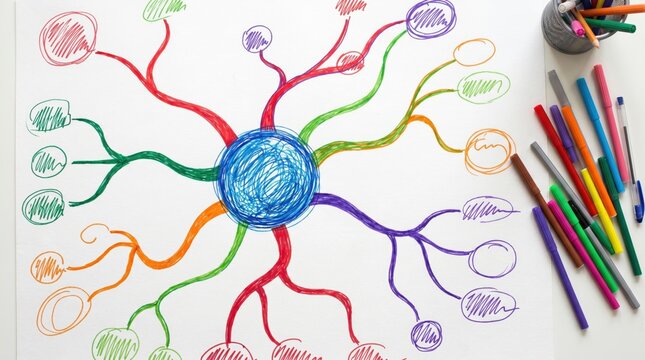 Colorful hand-drawn mind map on white paper with markers, representing brainstorming and creative thinking.