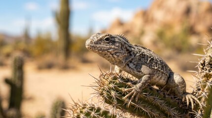 Fototapeta premium Desert lizard perched on a cactus spines