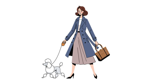 Elegant woman walking a poodle in stylish outfit.