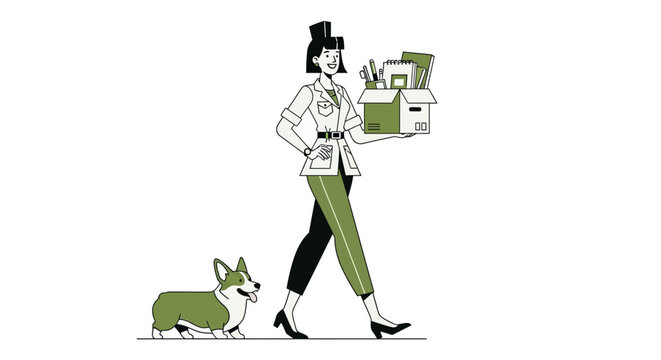 Woman walking her corgi dog while carrying packages.