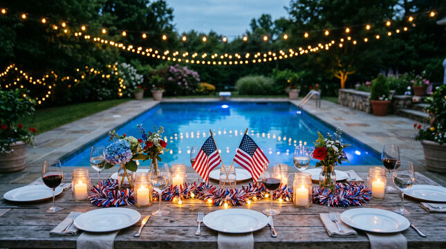 Patriotic Fourth of July dinner party setup by backyard swimming pool at dusk.
