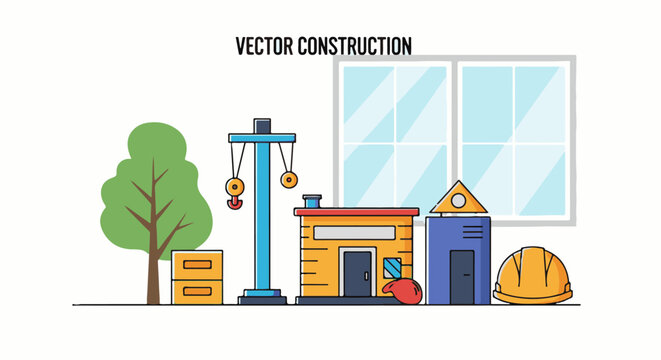 A construction site with a crane, buildings, tree, and hard hat