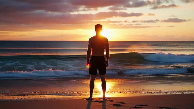 Captures Silhouette Of Individual Standing On Beach Sunset Sunrise Person Male With Back Facing Camera Gazing Towards Ocean Glow Setting Sun Wearing