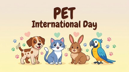 Naklejka premium Cute cartoon animals celebrating international pet day with paw prints and hearts illustration