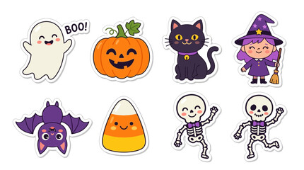 Obraz premium Cute Halloween characters including ghost pumpkin black cat witch bat candy corn and skeletons
