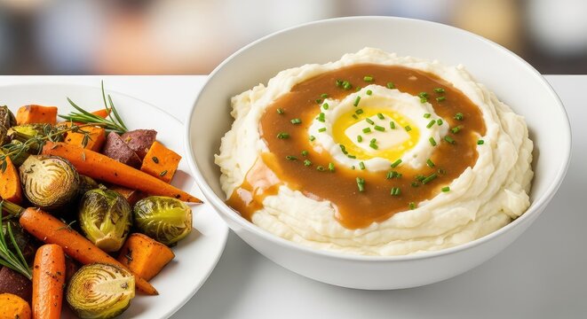 A bowl of creamy whipped mashed potatoes topped with savory brown gravy served alongside roasted vegetables for a festive holiday dinner, warm, rosemary, autumn