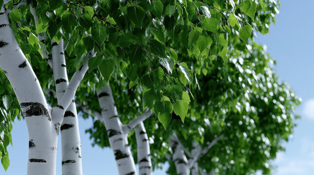 Birch tree green leaf summer blue sky nature outdoor sunlight forest landscape peaceful fresh growth environment natural scenic foliage bright