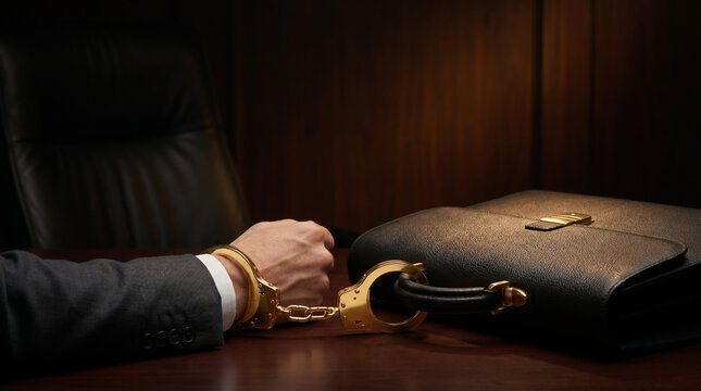 Businessman's wrists in gold handcuffs linked to a leather briefcase on a desk, symbolizing corporate loyalty and financial entrapment.