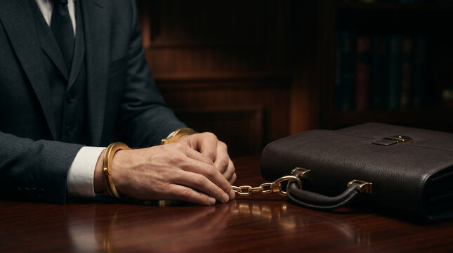 Businessman's wrists in gold handcuffs linked to a leather briefcase on a desk, symbolizing corporate loyalty and financial entrapment.