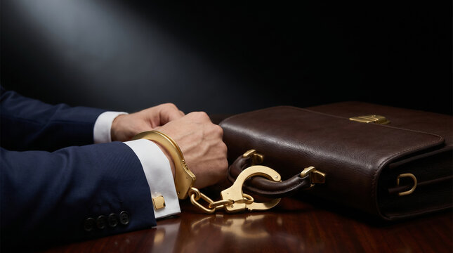 Businessman's wrists in gold handcuffs linked to a leather briefcase on a desk, symbolizing corporate loyalty and financial entrapment.