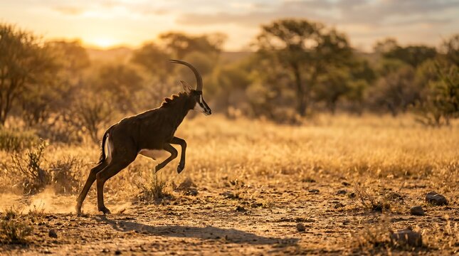 Sable antelope running in savanna at sunset