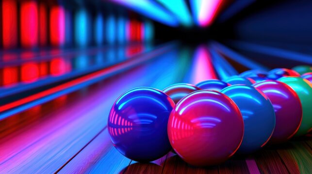 A vibrant and colorful bowling alley scene with glowing neon lights and shiny bowling balls