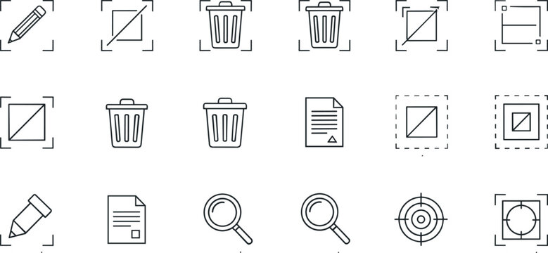 Digital Interface Editing and Graphic Design Icon Set Featuring Trash Bins, Pencil Tools, File Formats, Cropping Outlines, and Target Selection Vectors