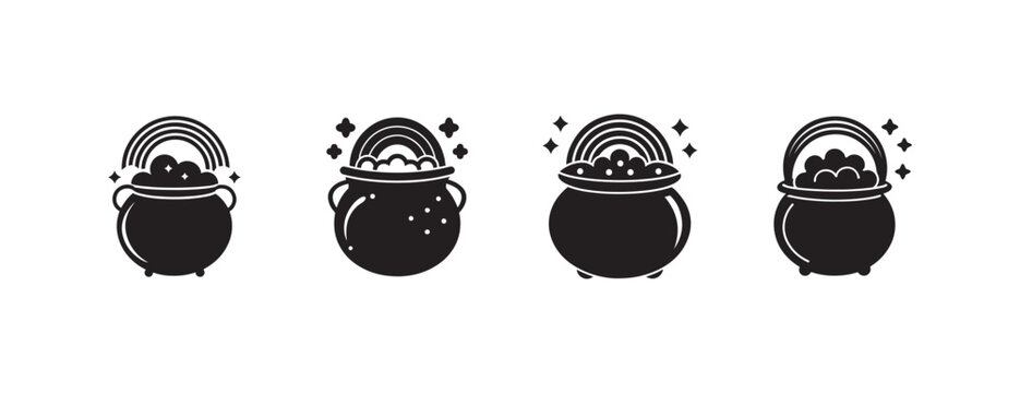 cauldrons with rainbow and magic sparks on white background  witchcraft symbols  magic potions  fantasy illustrations