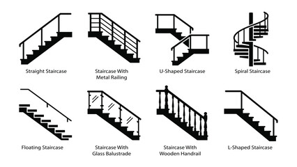 Set of 8 unique house stairs pictograms. Vector solid icons of contemporary interior steps, floating staircases, and spiral architecture structures for construction and renovation concepts. © firman