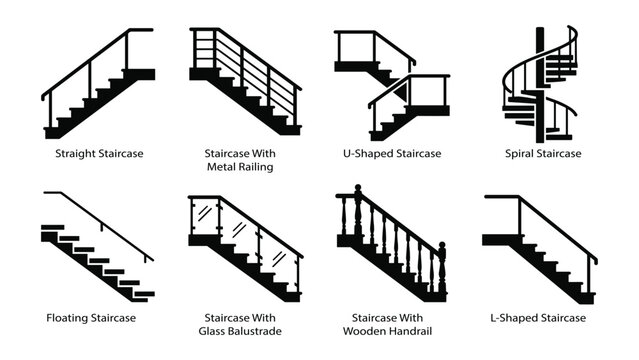 Set of 8 unique house stairs pictograms. Vector solid icons of contemporary interior steps, floating staircases, and spiral architecture structures for construction and renovation concepts.