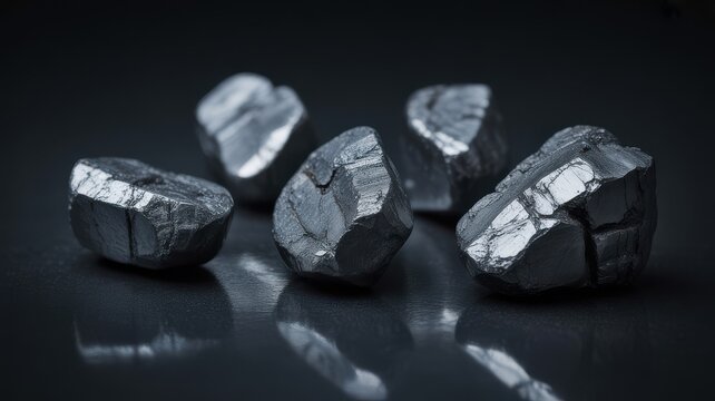 Chunks of raw metallic ore on a dark reflective surface