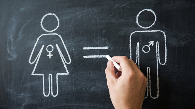 Person drawing an equal sign between male and female figures on a chalkboard.