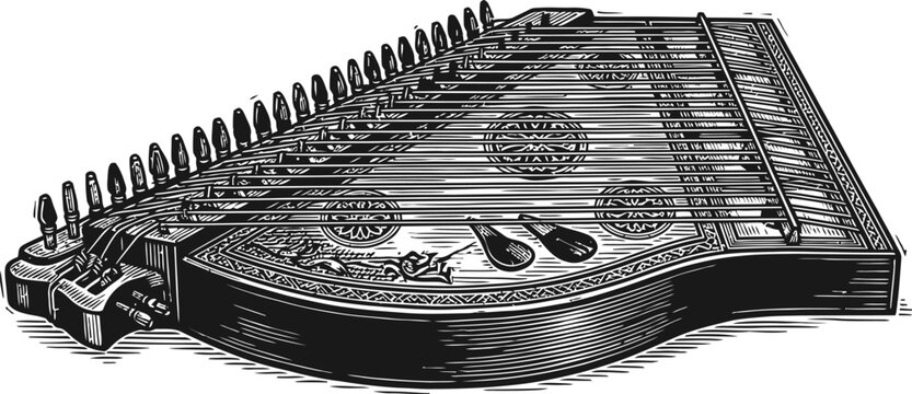 Black and white illustration of a dulcimer, a stringed musical instrument. Isolated on white, this detailed outline shows the instrument's strings and body, suitable for music-related designs.