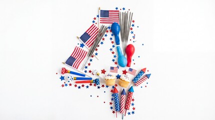 Obraz premium Patriotic number 4 shaped by American flags and party supplies, Fourth of July holiday composition, red white and blue festive decorations