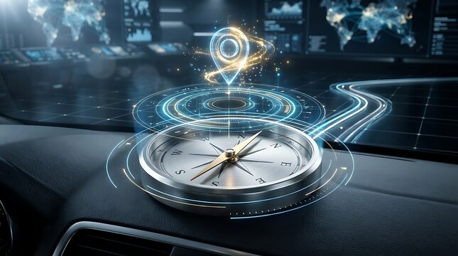 Futuristic Glowing GPS Location Pin Floating Above Metal Compass on Car Dashboard Navigation Map Concept