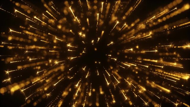 スローモーションで広がる無数の光る火花を放つ金色の光の爆発