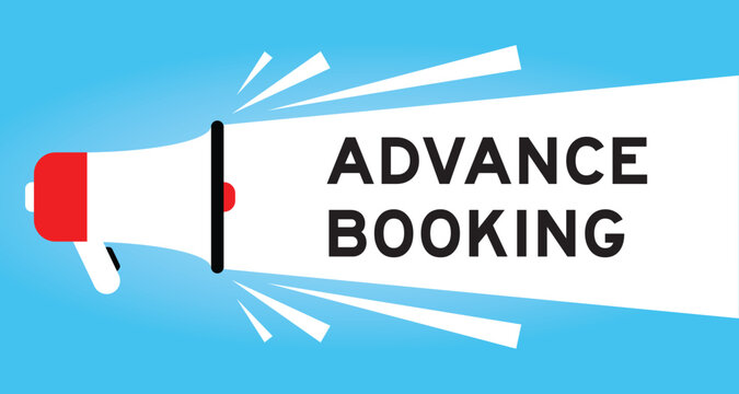 Color megaphone icon with word advance booking in white banner on blue background