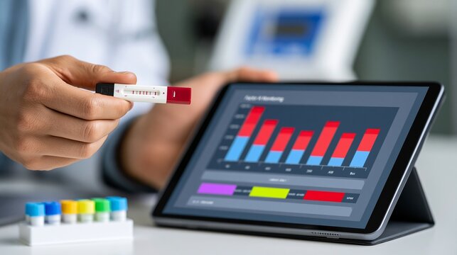 Focused view of a healthcare worker applying blood sample on test cassette while a digital tablet displays factor IX monitoring chart out of focus in a sleek outpatient infusion