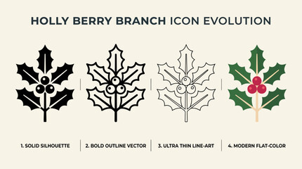 a digital vector illustration set showcasing the evolution of a Christmas holly branch icon. © Rabeya's Stock