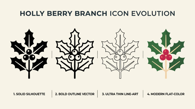 a digital vector illustration set showcasing the evolution of a Christmas holly branch icon.