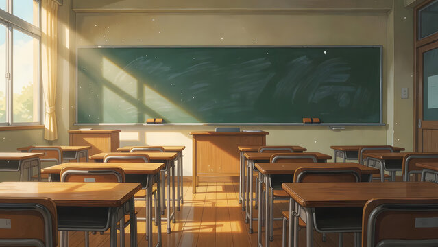 A serene empty classroom with sunlight streaming through the windows, soft animation illustration