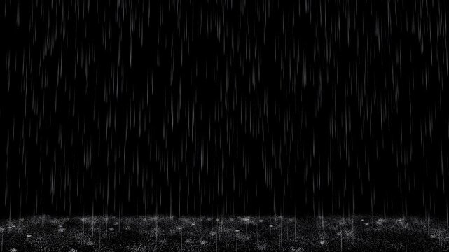 Heavy Rain Falling on Black Background with Splash &mdash; Realistic Rain Overlay VFX for Cinematic Compositing