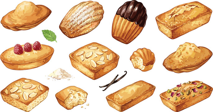 Watercolor French Pastry Vector Set with Madeleines Financiers Almond Cakes Pound Bread and Raspberry Tarts for Bakery Menu Branding and Cafe Designs