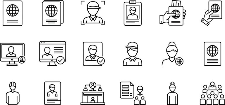 Global Travel Identity and Human Resource Onboarding Icon Set Featuring Passport Verification, Profile Badges, Online Interviews, and Team Recruitment Management