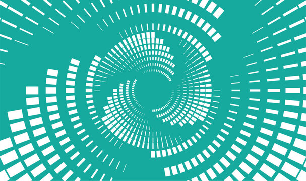Modern vector background with abstract white geometric square segments forming dynamic radial vortex spiral. Creative tech pattern on vibrant turquoise backdrop design.