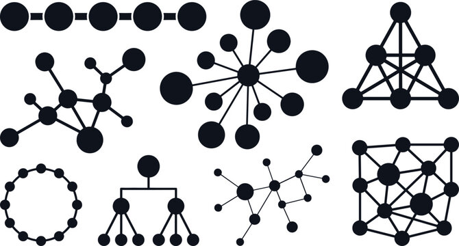 Abstract Network Topology Icon Set Featuring Node Connection Diagrams Molecule Models and Data Structure Vectors for Science and Technology Designs