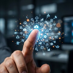 Fototapeta premium Biometric fingerprint scan on a human thumb connected to a glowing network of digital business data icons.