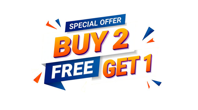 Special offer buy 2 get 1 free promotion banner design featuring vibrant gradient text and geometric shapes on a clean white background for retail marketing