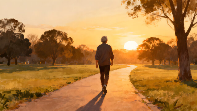 Watercolor digital illustration of an elderly man walking down a path in a park during a peaceful, golden sunset.