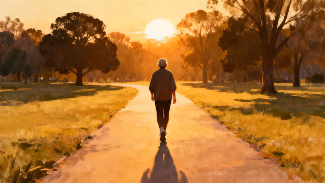 Watercolor digital illustration of an elderly man walking down a path in a park during a peaceful, golden sunset.