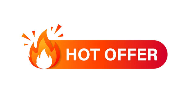 Hot offer promotional banner with fire icon and gradient red button isolated on white background for marketing sales