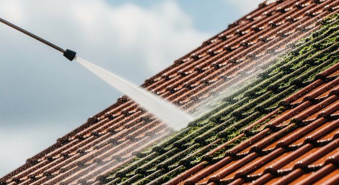 A powerful stream of water from a high pressure hose cleans green moss and algae from roof tiles on a house under bright summer daylight, professional, improvement, algae